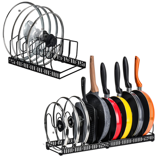 FlexRack® Organizador De Tapas Ollas y Sartenes Extensible - Ajustable, Antideslizante y Sin Instalación 🔧