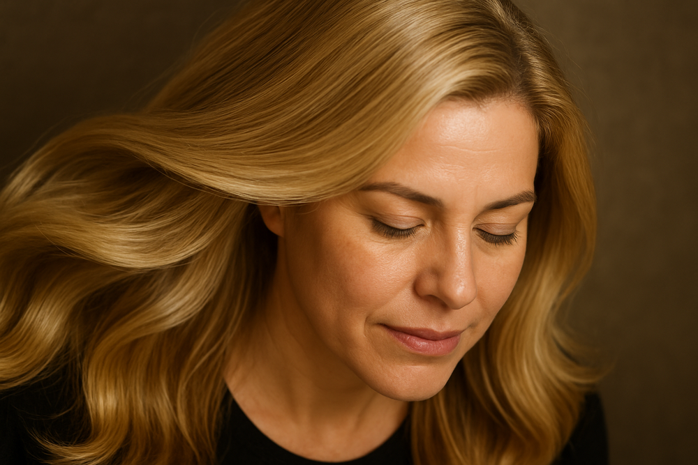 Mujer de 42 años, chilena, piel blanca, cabello rubio con brillo y revitalizado. La imagen se ve desde un plano alto y casi primer plano. Enfocado en el cabello principalmente.