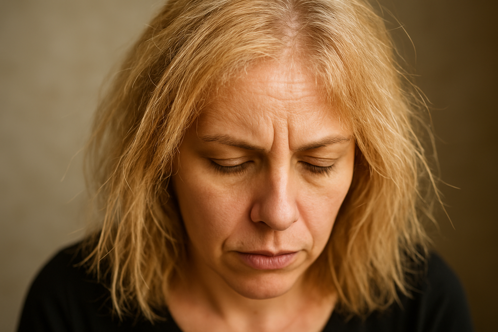 Mujer de 42 años, chilena, piel blanca, cabello rubio con resequedad notable. La imagen se ve desde un plano alto y casi primer plano. Enfocado en el cabello principalmente.